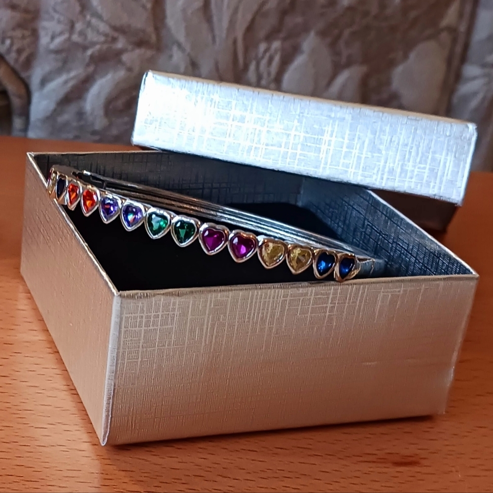 STERLING Silver Bangle Bracelet with Sparkling Colorful Heart Shaped Gemstones - Picture 9 of 15